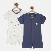 Baby Boys Navy Blue & White Cotton Printed Rompers Pack of 2 Regular Fit Casual Rompers