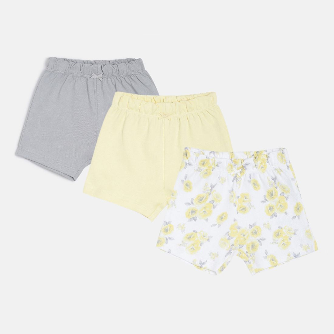 Baby Girls Grey, Yellow & White Cotton Printed Shorts Pack of 3 Regular Fit Casual Shorts