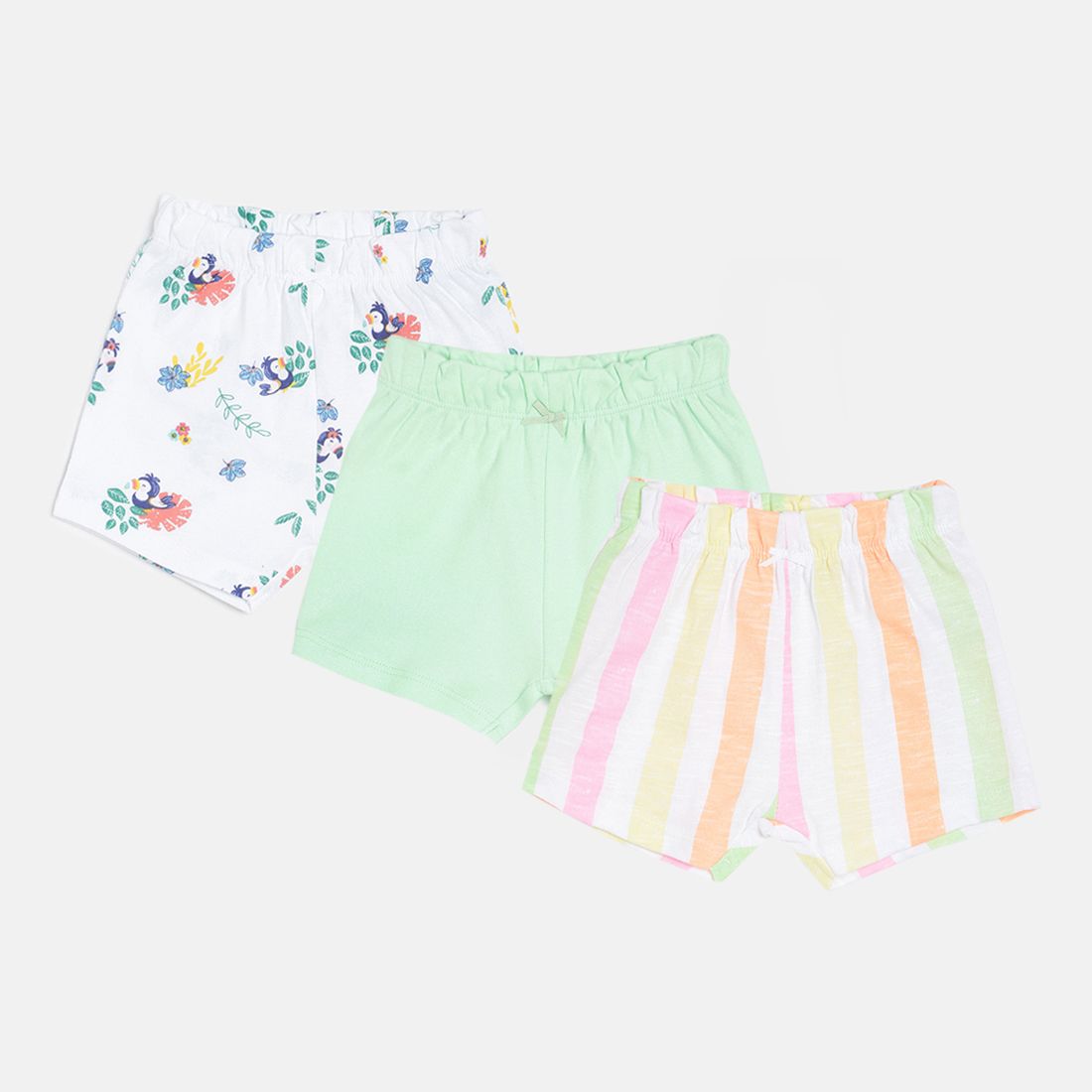 Baby Girls Green, White & Multicolor Cotton Printed Shorts Pack of 3 Regular Fit Casual Shorts