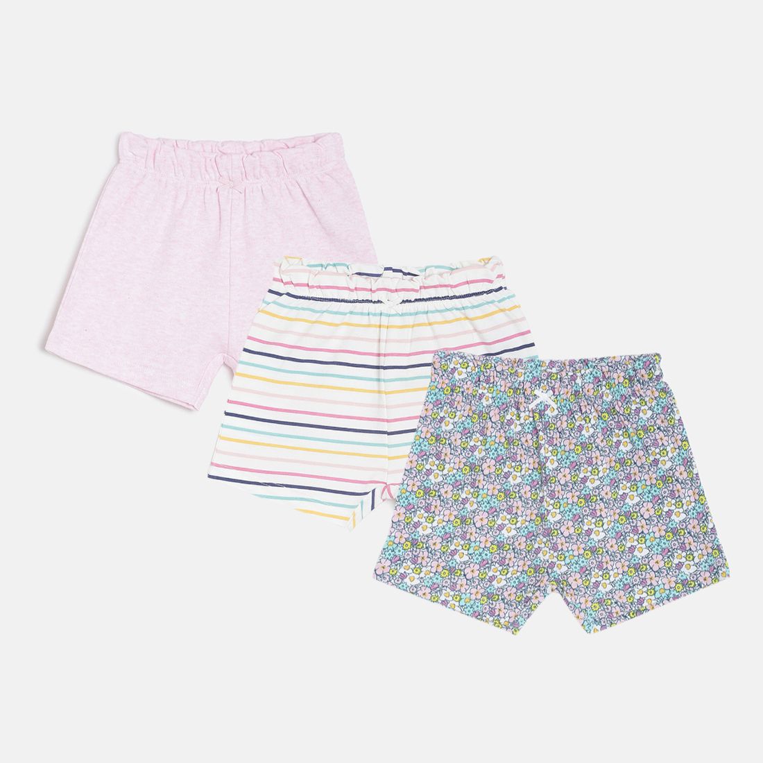 Baby Girls Pink, White & Multicolor Cotton Printed Shorts Pack of 3 Regular Fit Casual Shorts