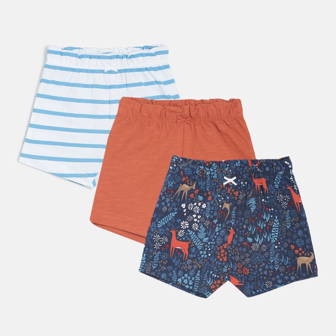 Baby Girls Blue, Peach & Navy Cotton Printed Shorts Pack of 3 Regular Fit Casual Shorts