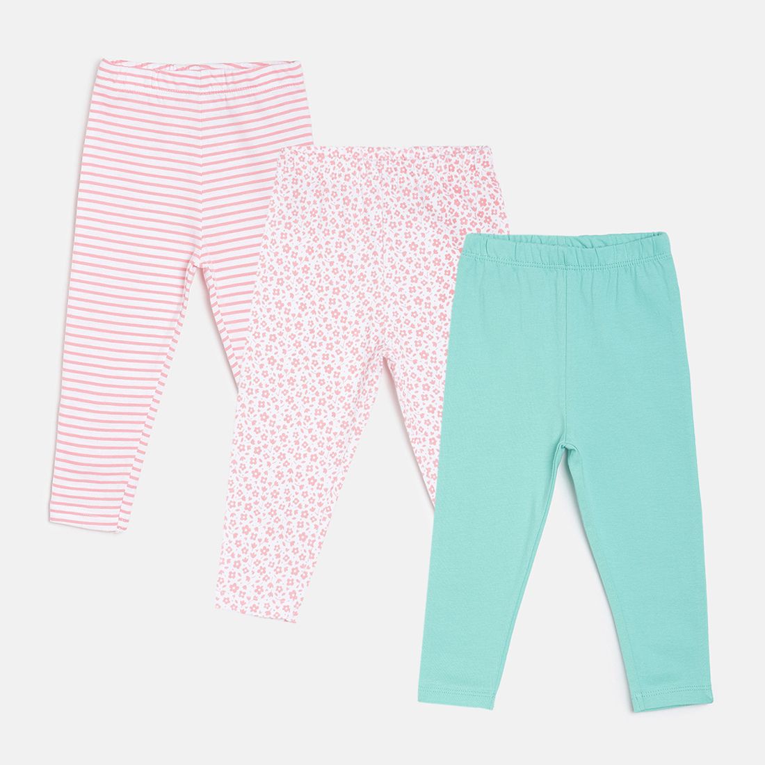 Baby Girls Pink, Mint Green & White Cotton Leggings Pack of 3 Regular Fit Casual Leggings