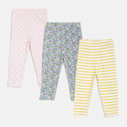 Baby Girls Pink, Yellow & Multicolor Cotton Printed Leggings Pack of 3 Regular Fit Casual Leggings