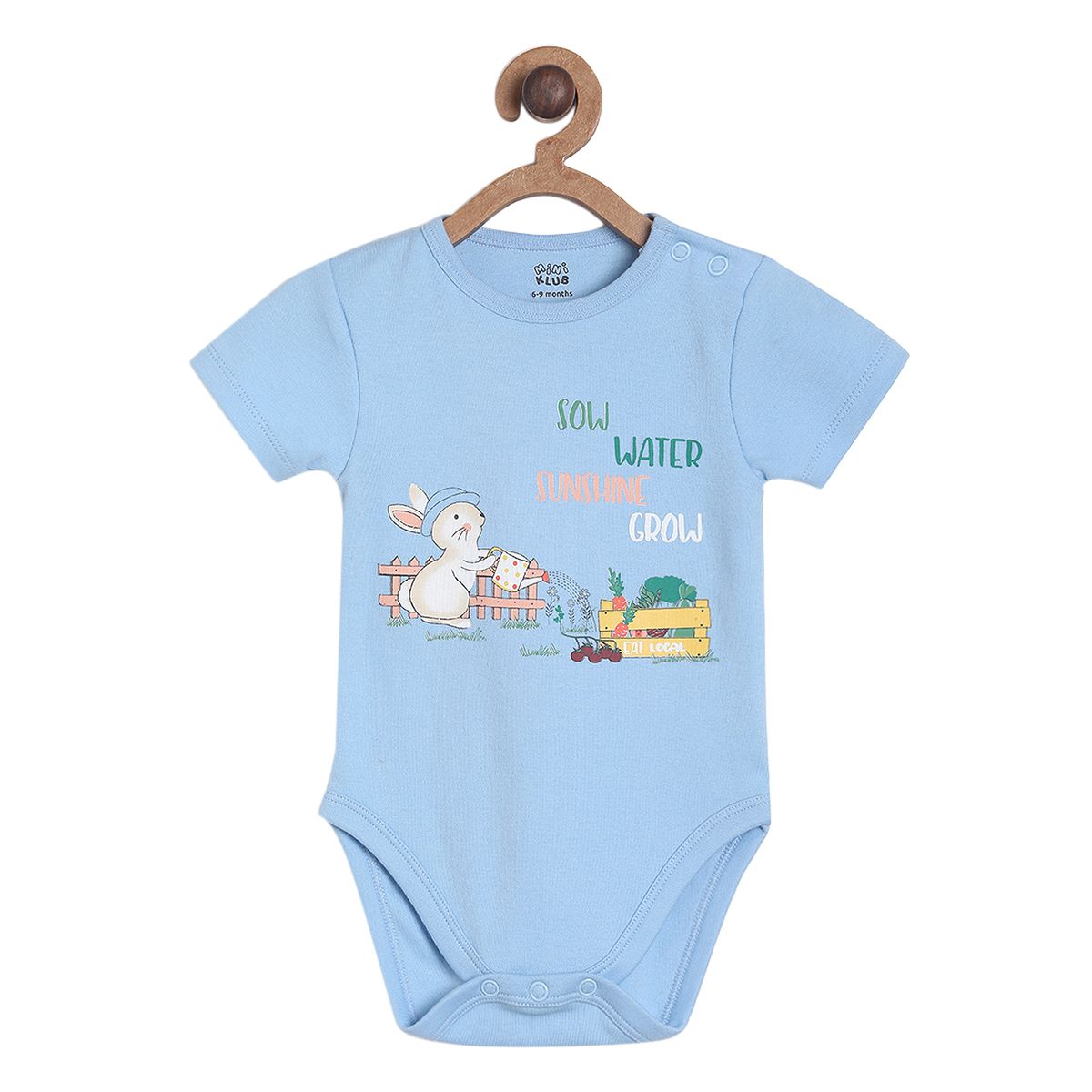 Blue Bodysuit With Growing Own Veg Graphic Paired With Pastel Green Knit Shorts