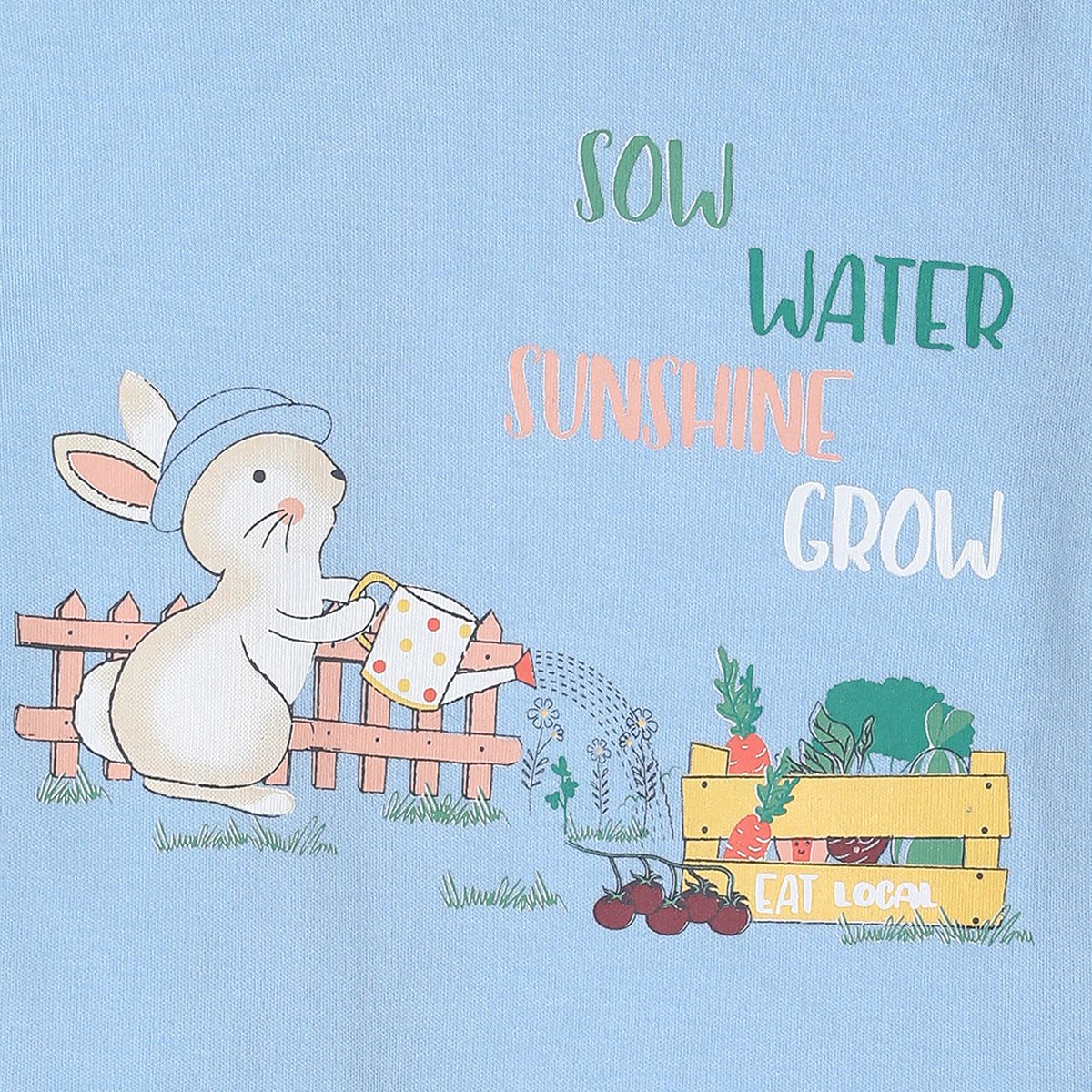 Blue Bodysuit With Growing Own Veg Graphic Paired With Pastel Green Knit Shorts