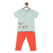 Pack of 2 tee and full length bottom - sky blue & bright red for 0-3 Months