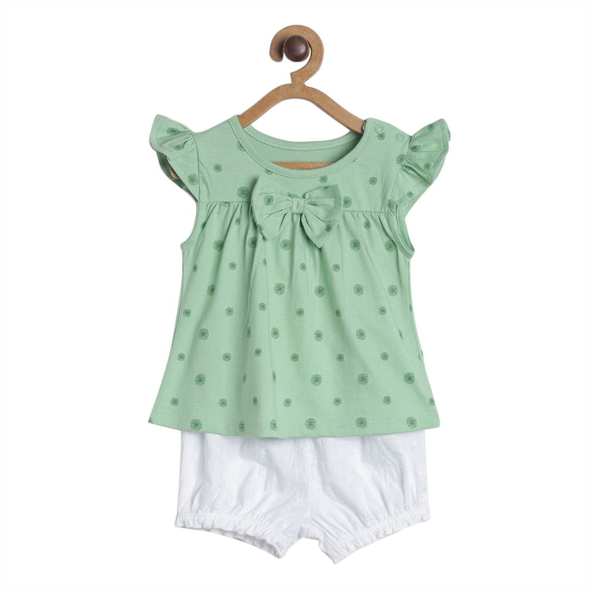 Pack of 2 knit top & knit shorts set - mint green & white for 0-3 Months