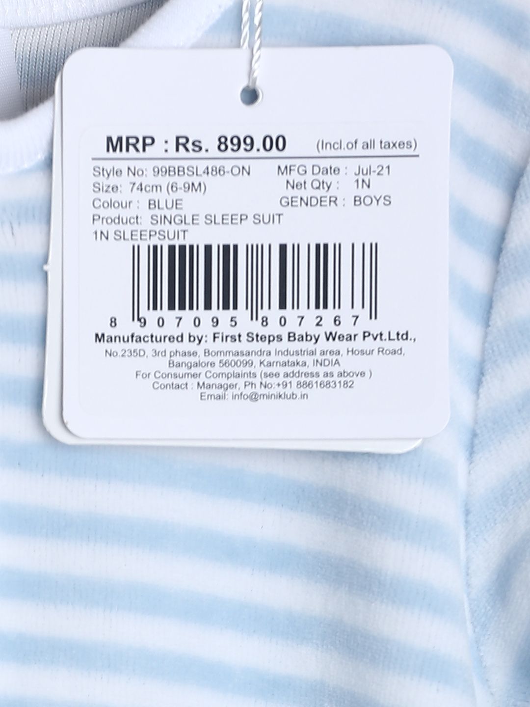 Pack of 1 sleep suit - blue for New Born