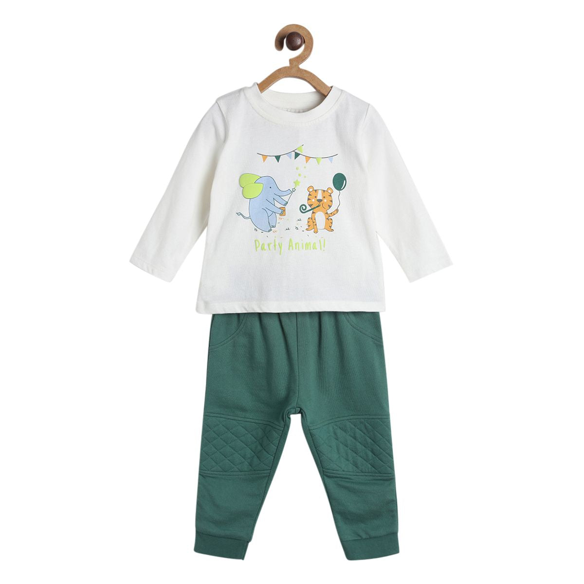 Pack of 2 t-shirt and full length bottom - marshmallow and green for 0-3 Months
