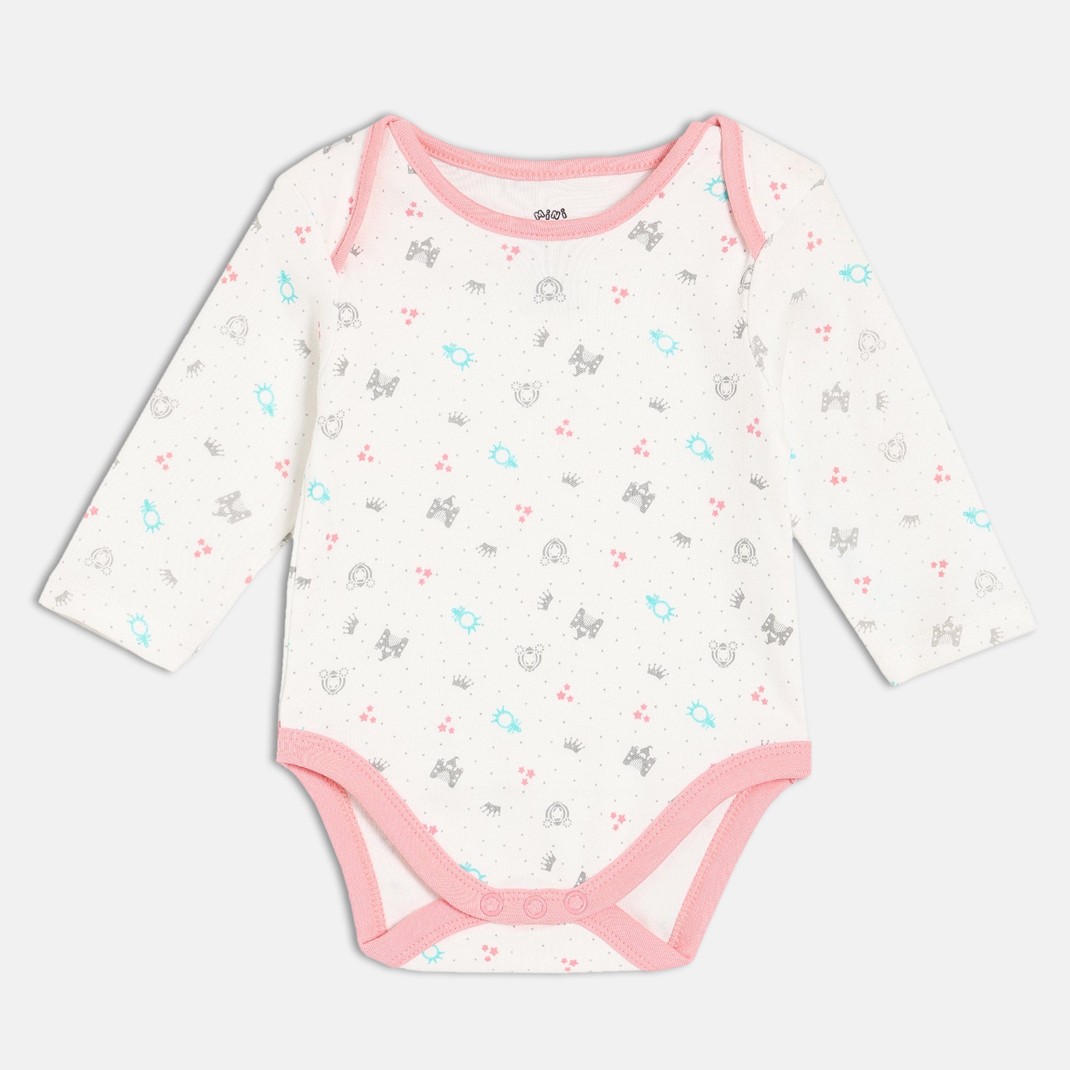 Baby Girls Allover Crown and Star Print Bodysuit, White and Pink