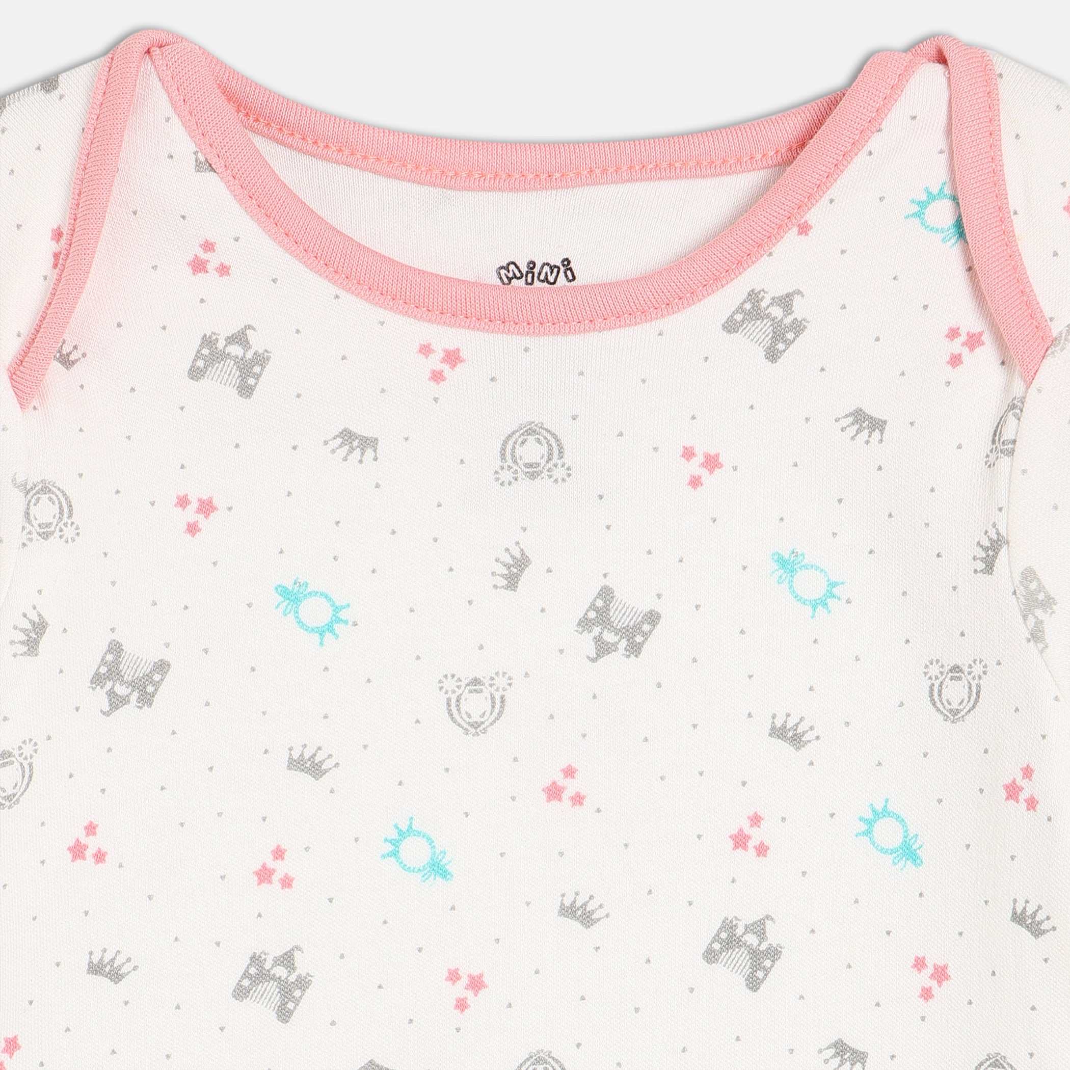 Baby Girls Allover Crown and Star Print Bodysuit, White and Pink