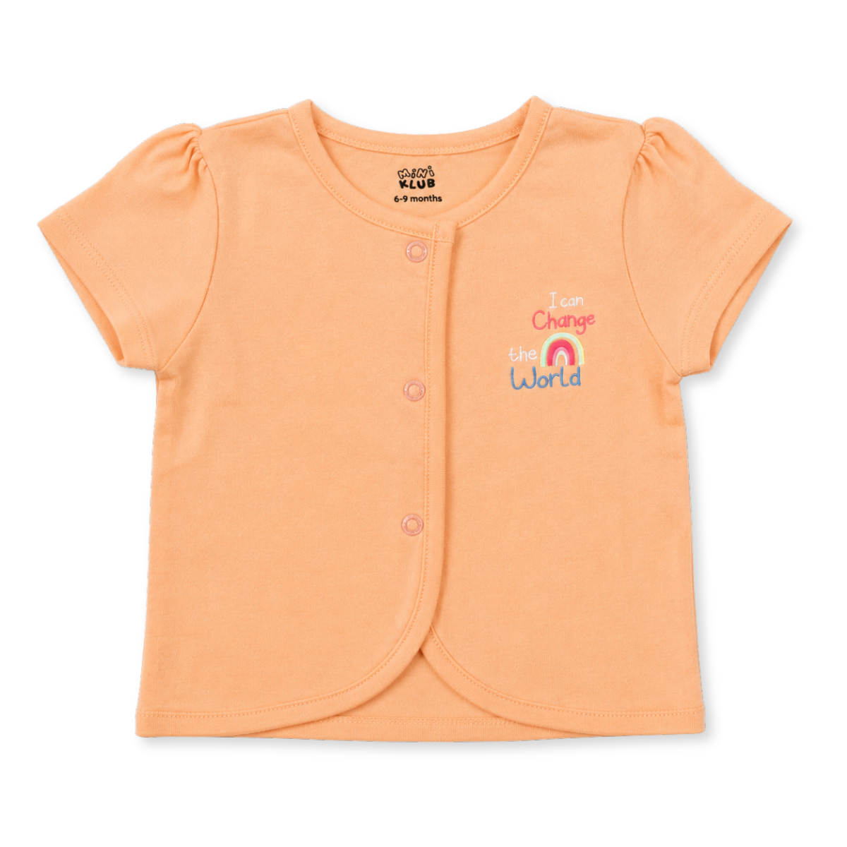 Baby Girls Peach Cotton Front-Open Top Rainbow Embroidered Casual Wear