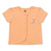 Baby Girls Peach Cotton Front-Open Top Rainbow Embroidered Casual Wear