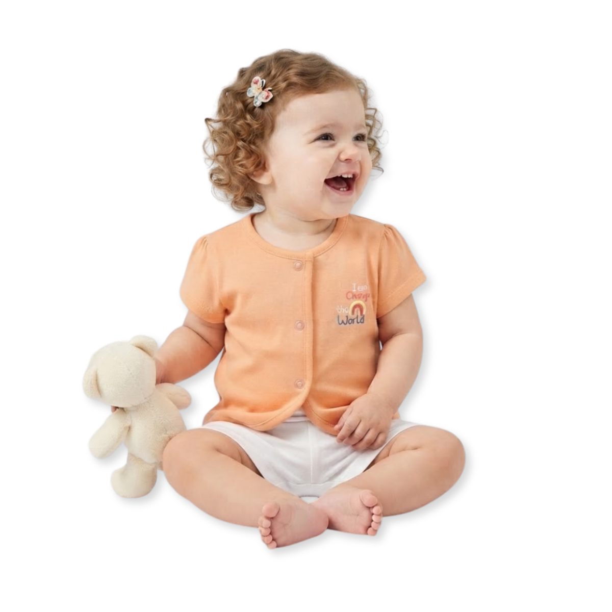 Baby Girls Peach Cotton Front-Open Top Rainbow Embroidered Casual Wear