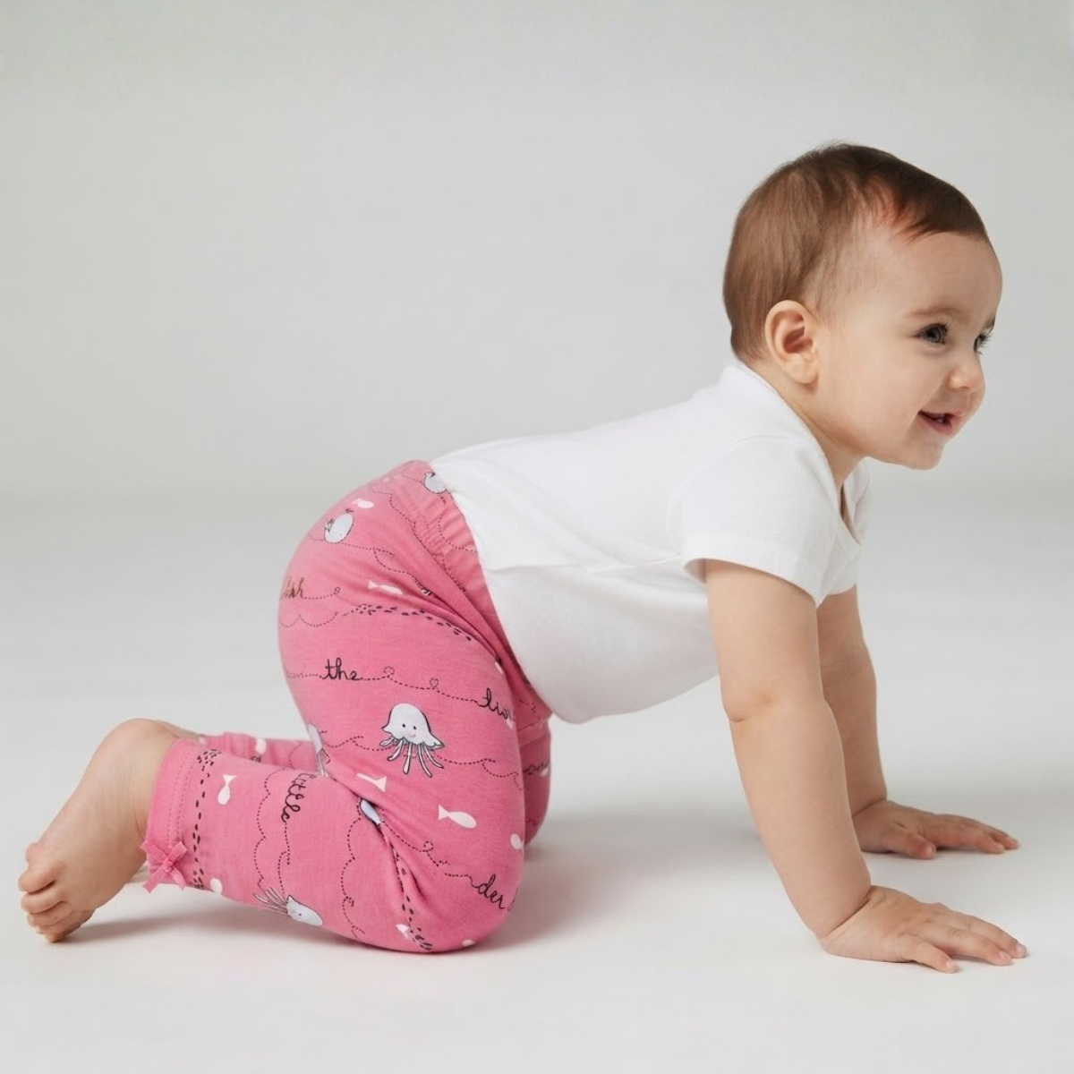 Baby Girls Pink Cotton Cropped Leggings Ocean Print Regular Fit Casual Wear
