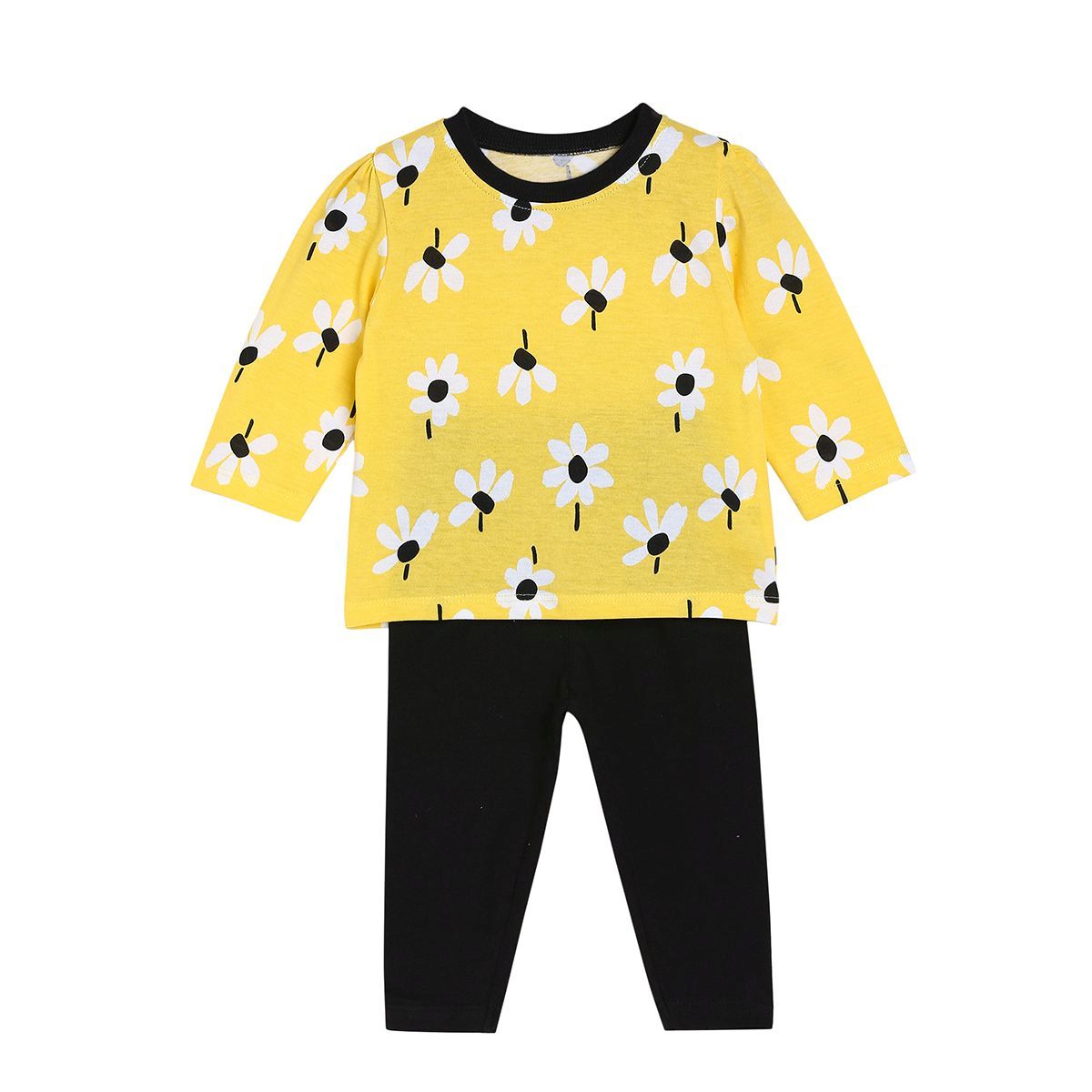 Girls Yellow Floral Print Top with Black Leggings Co-Ord Set