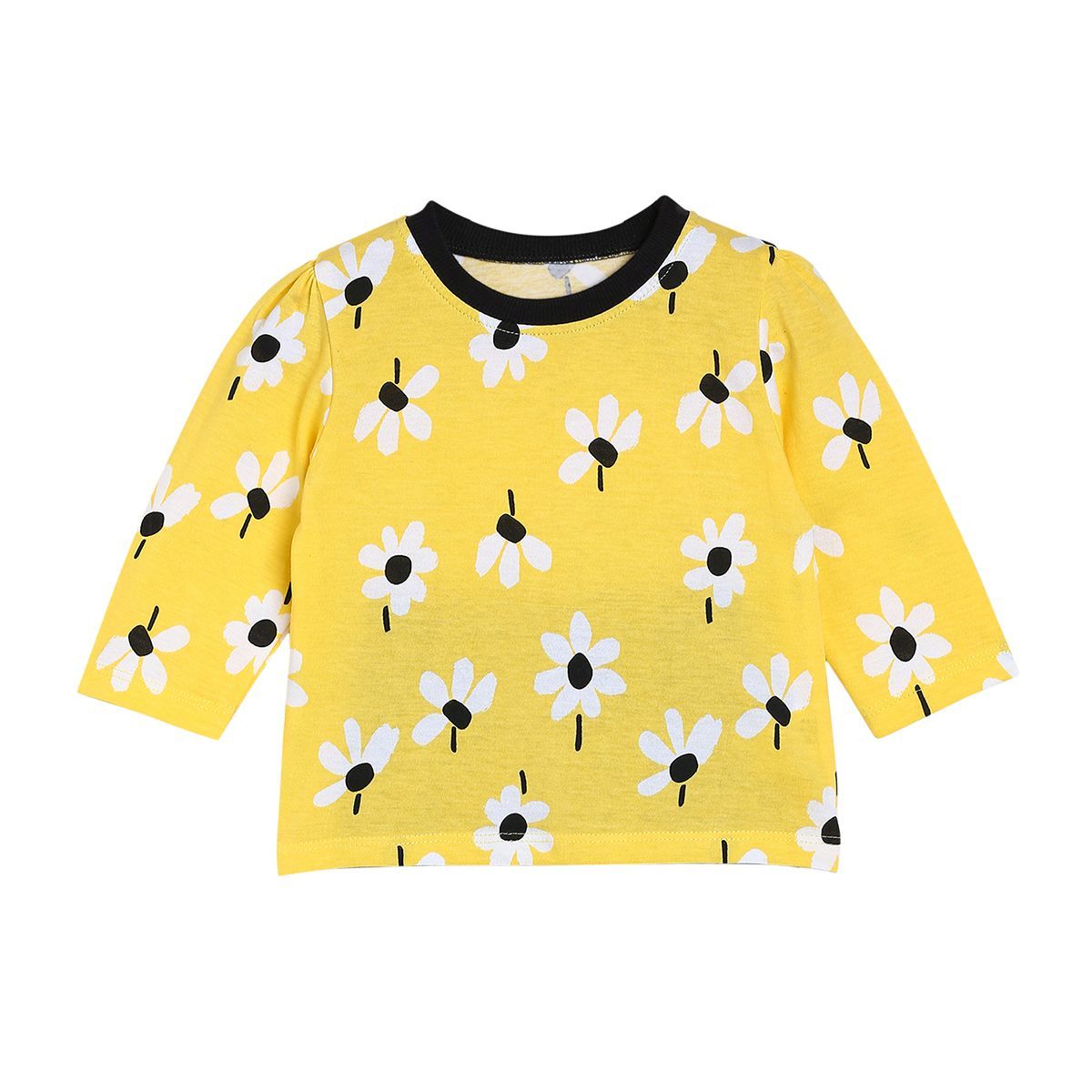 Girls Yellow Floral Print Top with Black Leggings Co-Ord Set