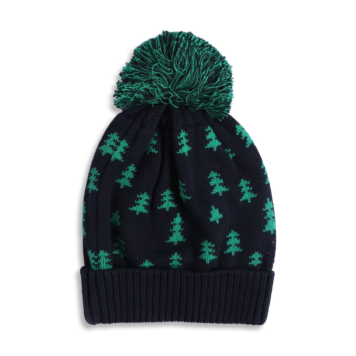 Baby Boys Navy Blue & Green Tree Printed Acrylic Winter Cap with Pom Pom