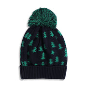 Baby Boys Navy Blue & Green Tree Printed Acrylic Winter Cap with Pom Pom