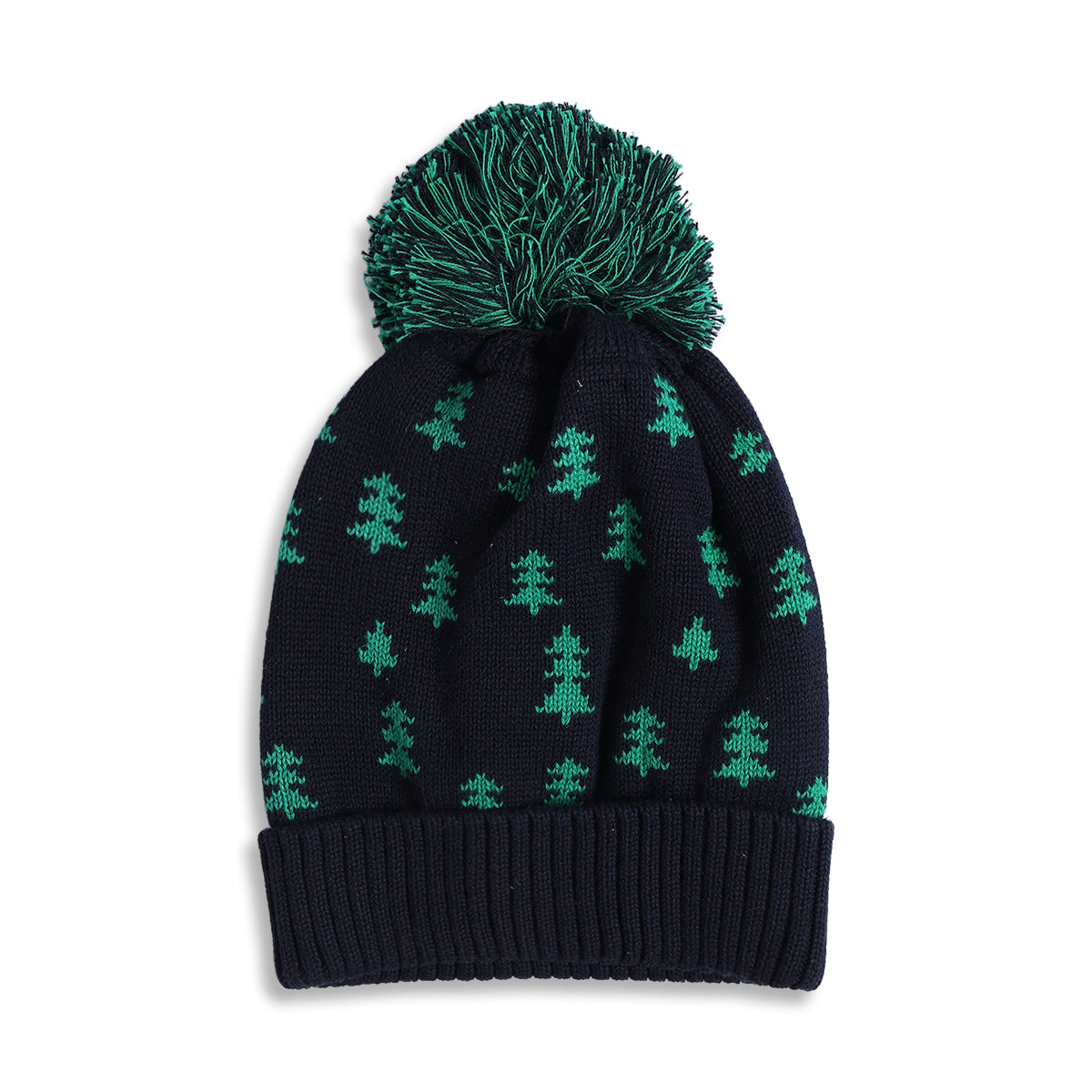 Baby Boys Navy Blue & Green Tree Printed Acrylic Winter Cap with Pom Pom