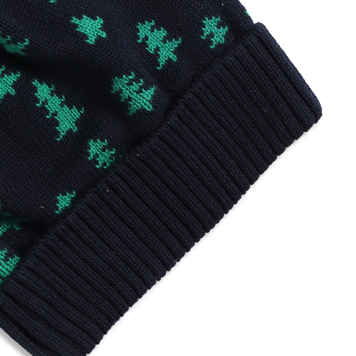 Baby Boys Navy Blue & Green Tree Printed Acrylic Winter Cap with Pom Pom