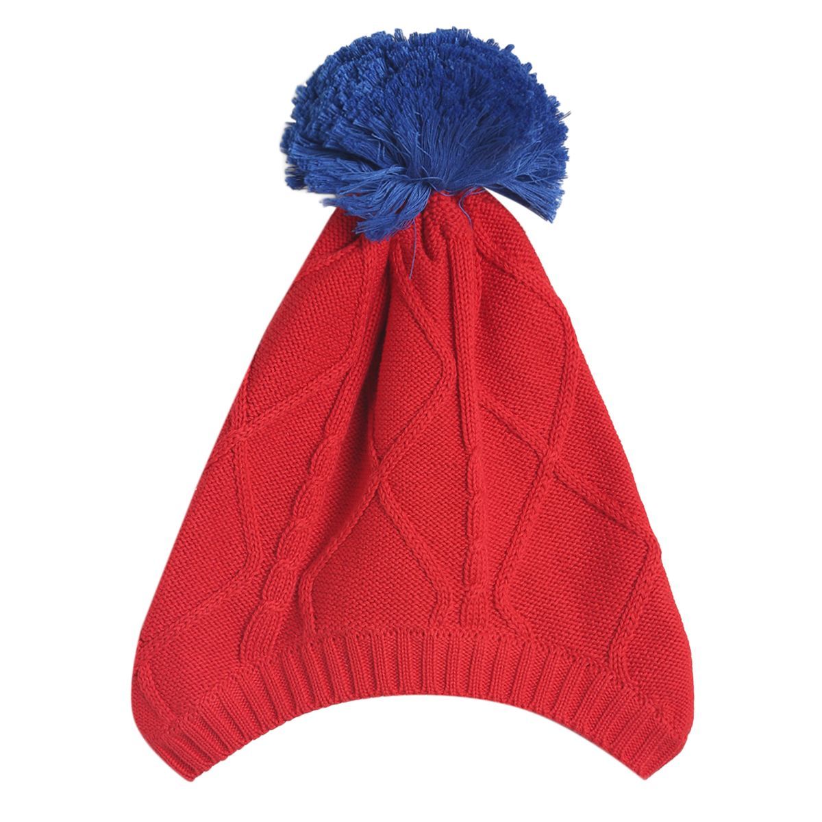 Baby Boys Red Acrylic Cable Knit Beanie Pack of 1 Blue Pom-Pom Winter Cap