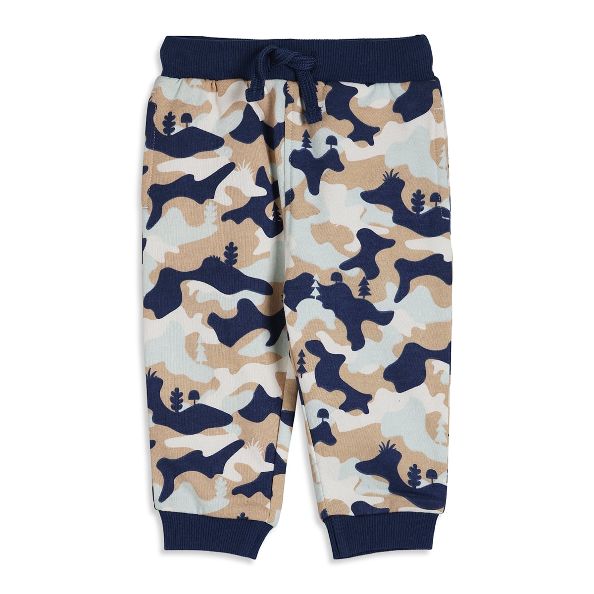 Boys Beige & Navy Blue Camouflage Printed Cotton Jogger Pants Regular Fit Casual Bottom Wear
