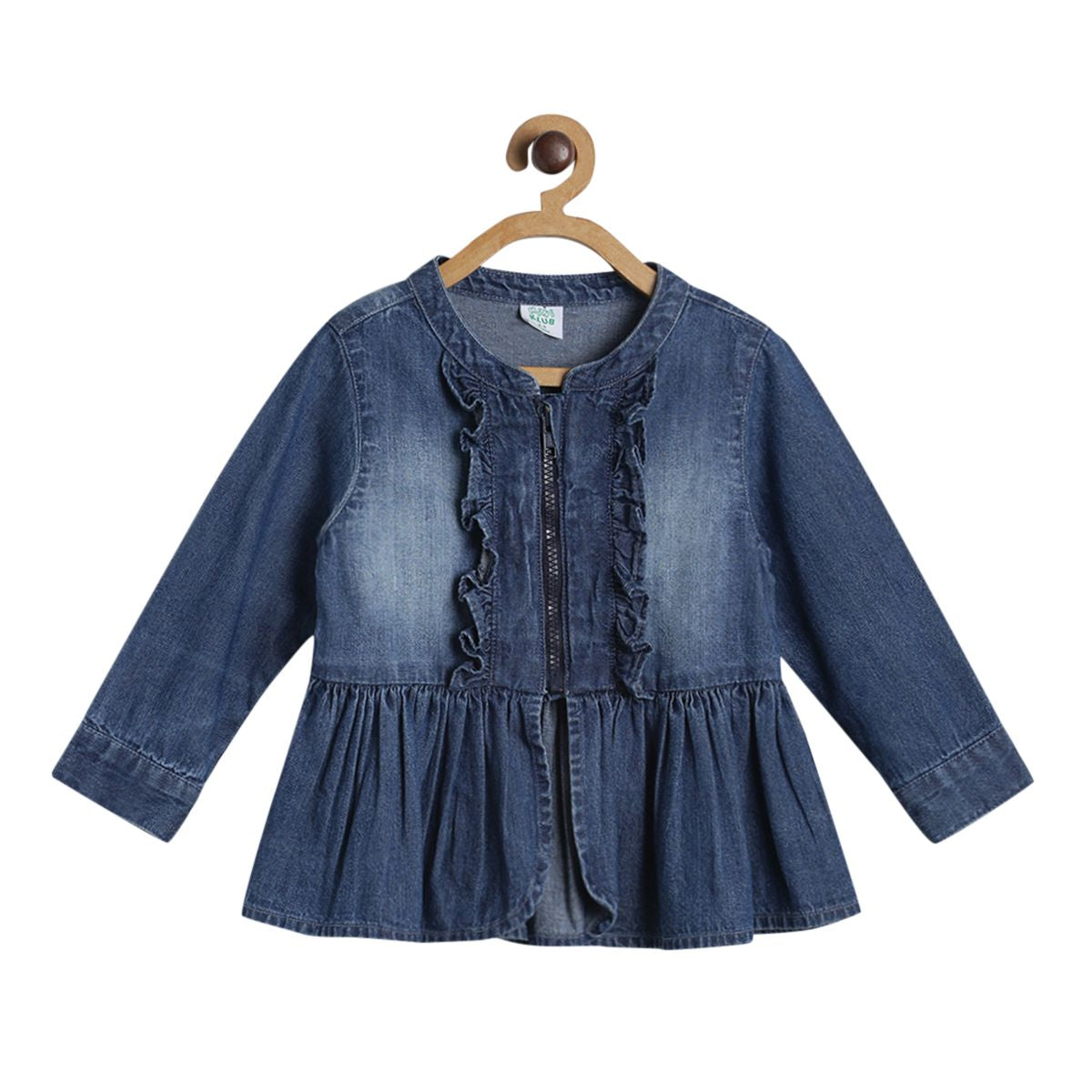 Baby Girls Blue Solid Ruffle Detail Denim Peplum Jacket Regular Fit Casual Wear