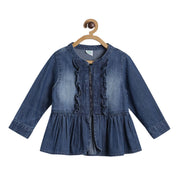 Baby Girls Blue Solid Ruffle Detail Denim Peplum Jacket Regular Fit Casual Wear