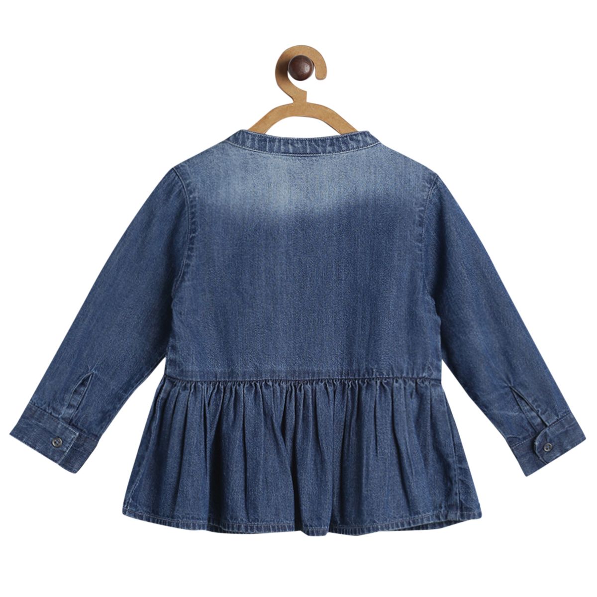 Baby Girls Blue Solid Ruffle Detail Denim Peplum Jacket Regular Fit Casual Wear
