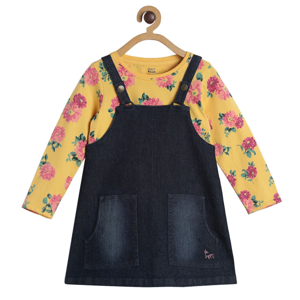 Pack of 2 knit top with denim pinny set - golden red & dark denim blue for 3-6 Months