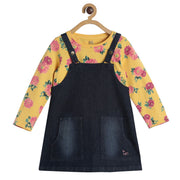 Pack of 2 knit top with denim pinny set - golden red & dark denim blue for 3-6 Months
