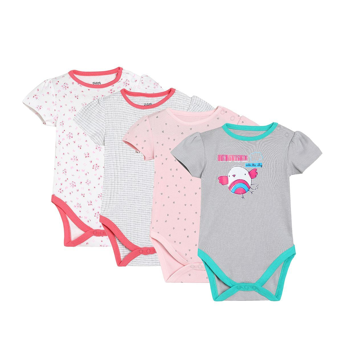 Girls Pink & Grey Printed Bodysuit Pack of 4 Short Sleeve Bodysuits