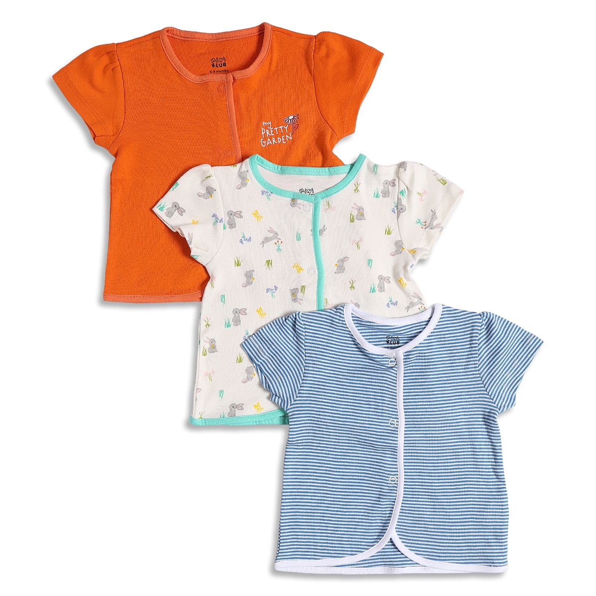 Baby Girls Orange, White and Blue Cotton Front Open T-Shirt Pack of 3 Regular Fit Casual Kids Tops