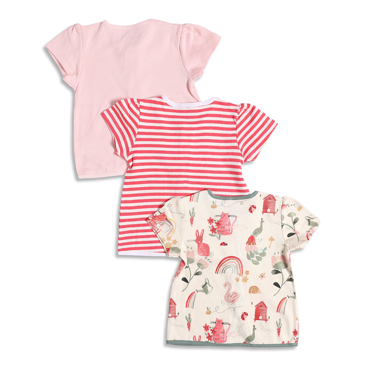 Baby Girls Pink and White Cotton Front Open T-Shirt Pack of 3 Regular Fit Casual Kids Tops