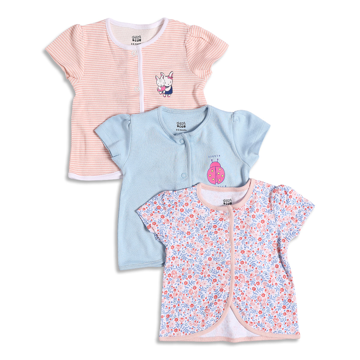 Baby Girls Pink, Blue and White Cotton Front Open T-Shirt Pack of 3 Regular Fit Casual Kids Tops