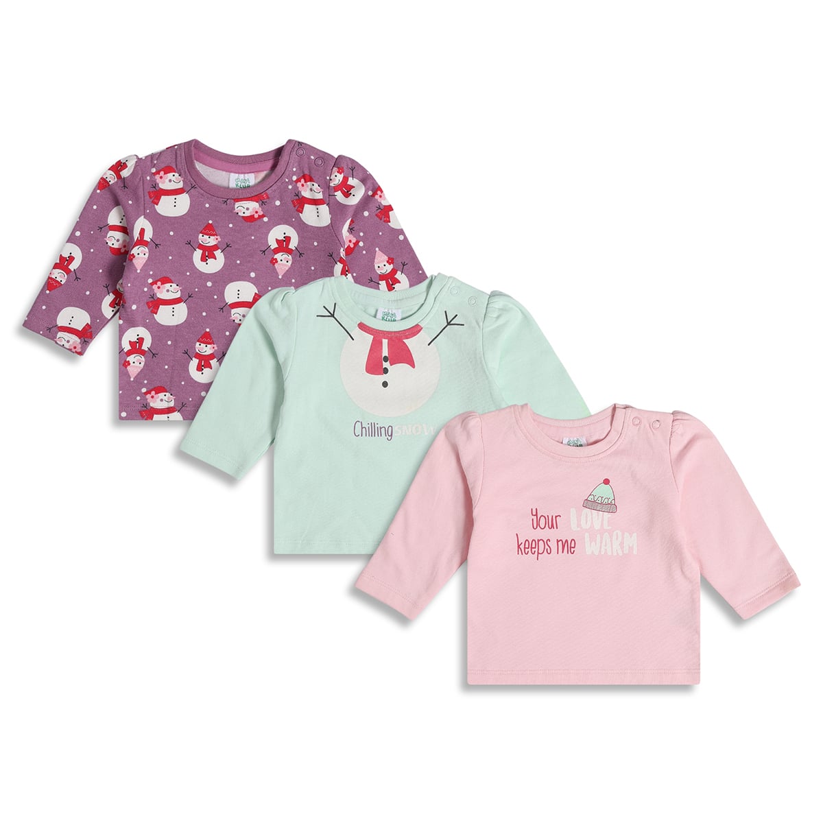 Baby Girls Pink, Purple and Green Cotton Winter Printed T-Shirt Pack of 3 Regular Fit Casual Kids Tops
