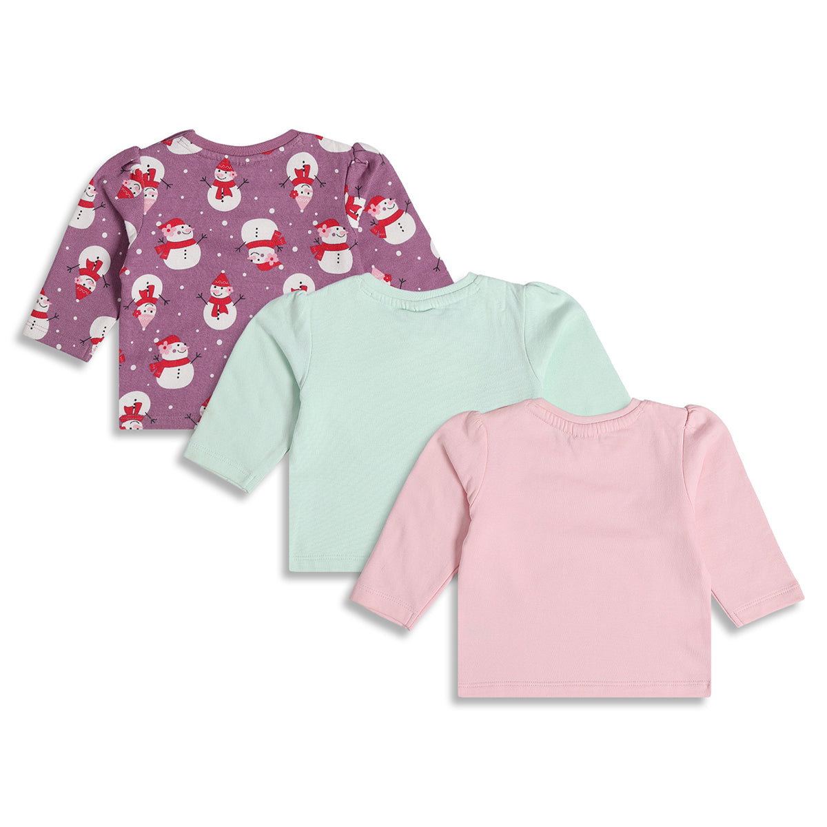 Baby Girls Pink, Purple and Green Cotton Winter Printed T-Shirt Pack of 3 Regular Fit Casual Kids Tops