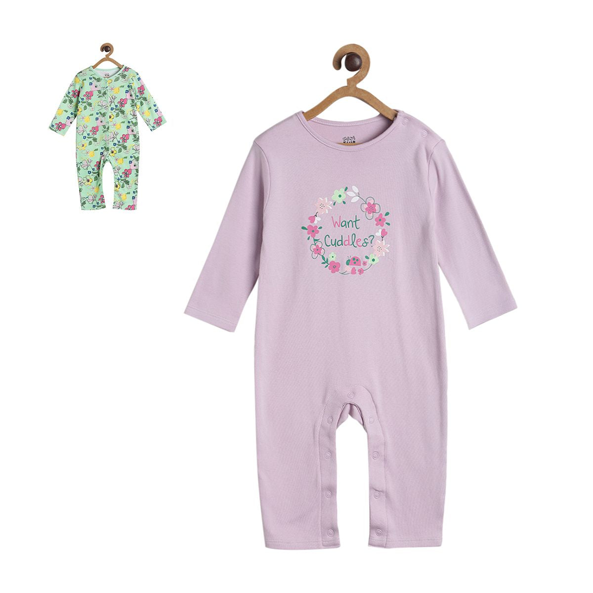 Pack of 2 romper - green and lavendar for New Born