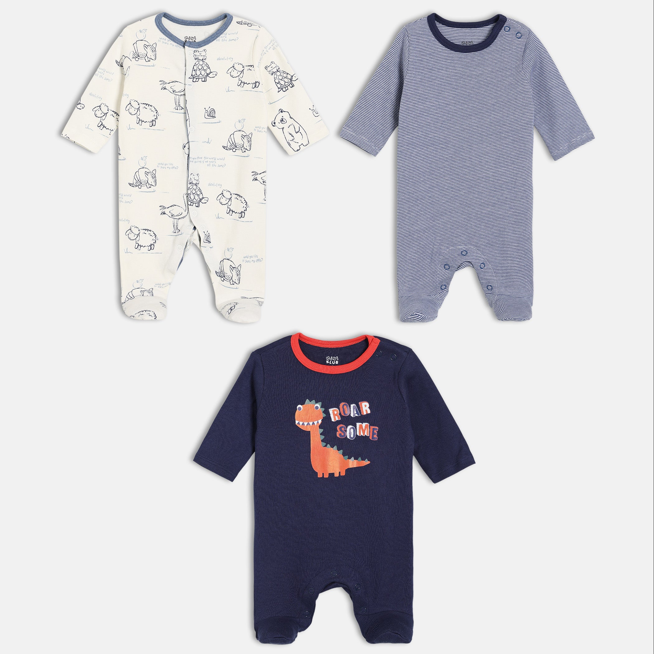 Baby Boys Printed Full Sleeve Rompers Pack of three, Blue and Off White