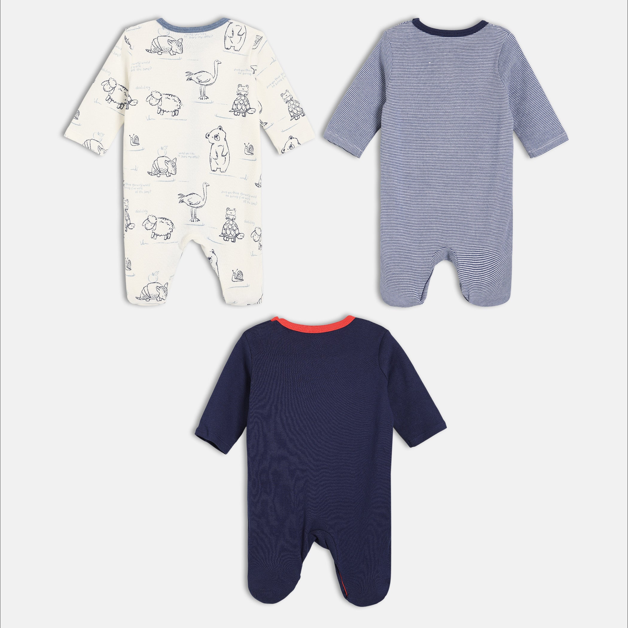 Baby Boys Printed Full Sleeve Rompers Pack of three, Blue and Off White