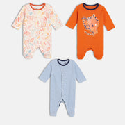 Boys Orange, Blue & White Printed Sleepsuit Pack of 3 Long Sleeve Sleepsuits