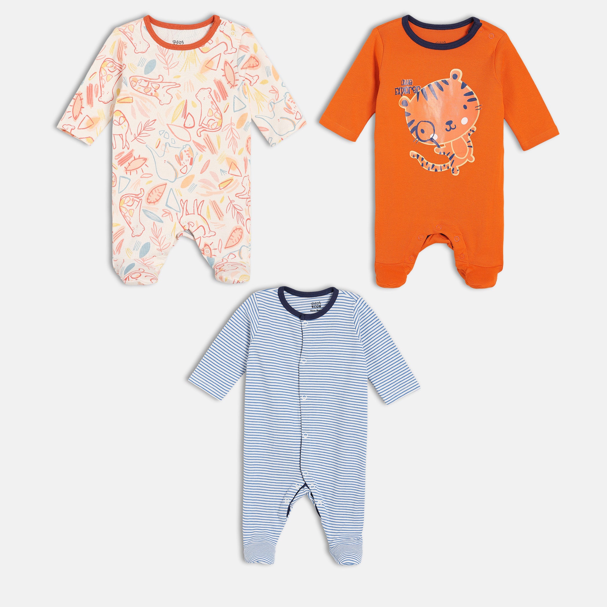 Boys Orange, Blue & White Printed Sleepsuit Pack of 3 Long Sleeve Sleepsuits