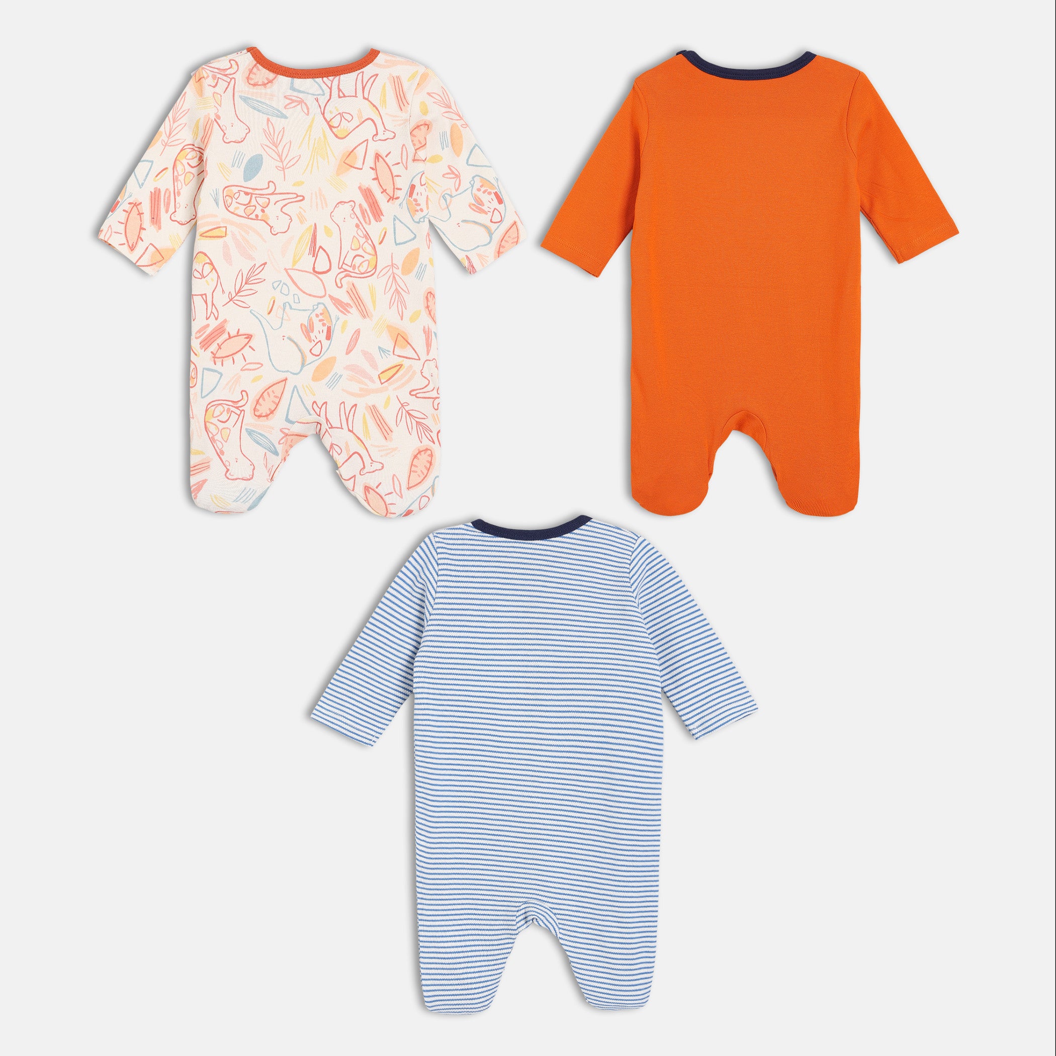 Boys Orange, Blue & White Printed Sleepsuit Pack of 3 Long Sleeve Sleepsuits