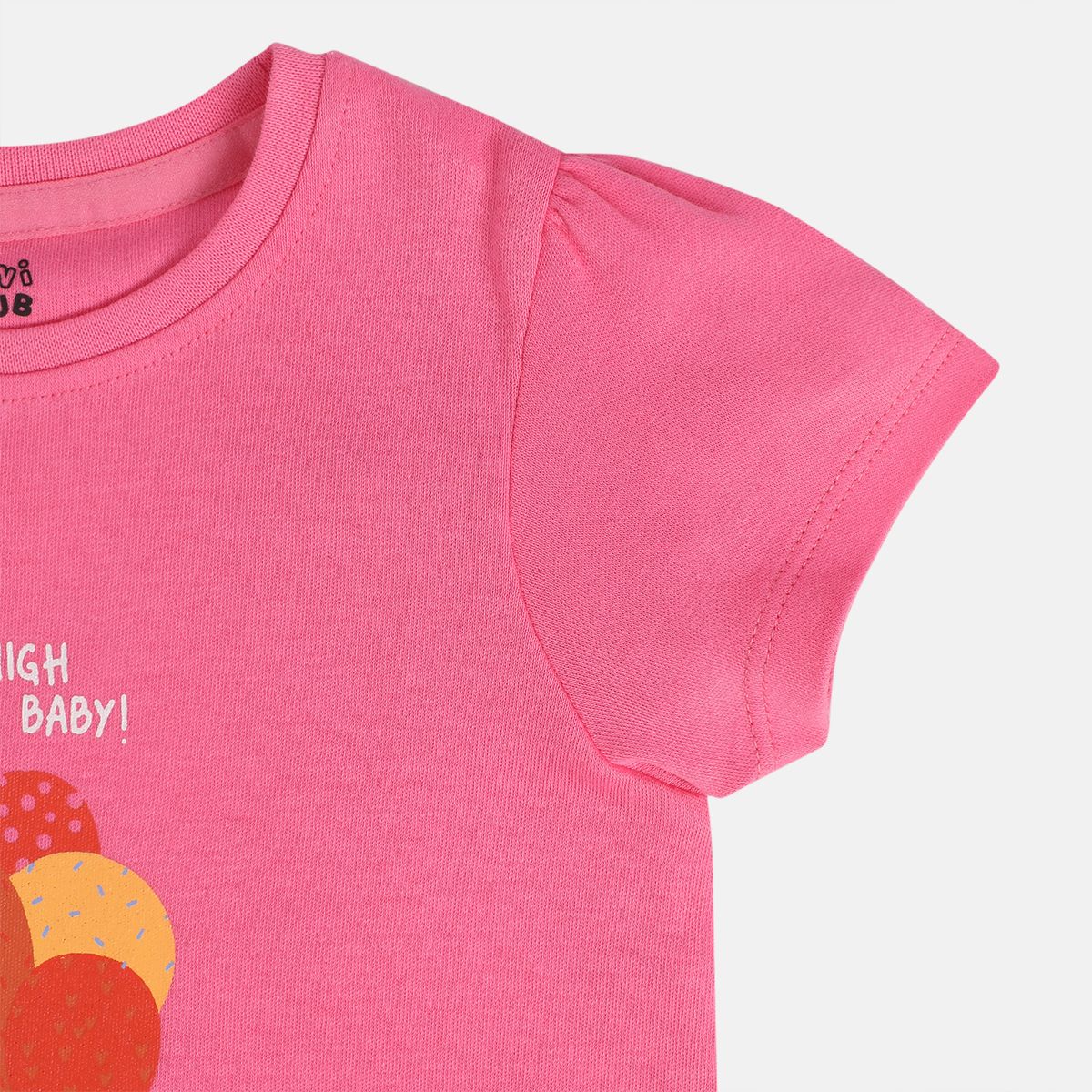 Girls Cotton Pack Of 2 Half Sleeves Checks & Balloons Printed Knit Top - White & Pink