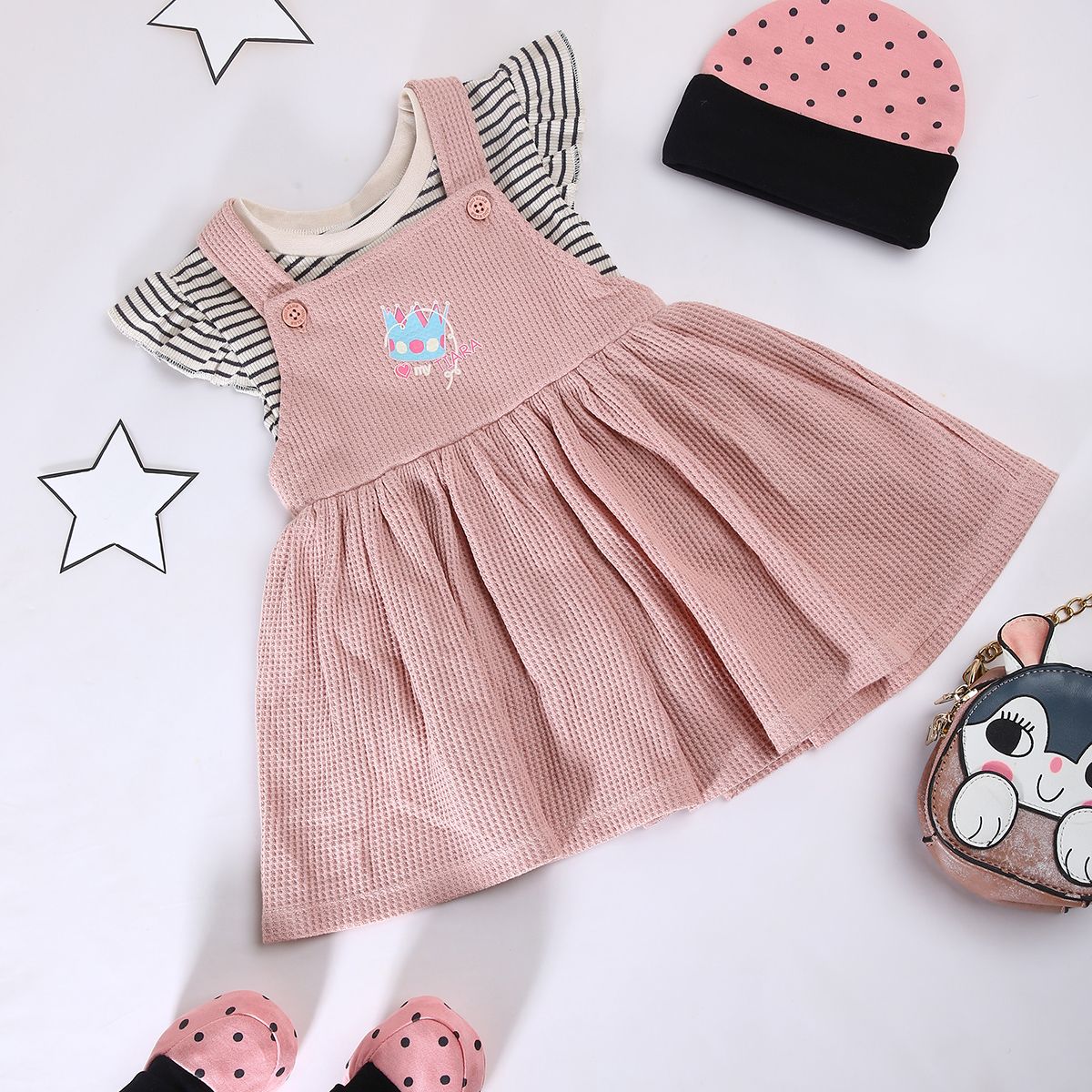Girls Marshmallow/ Black/ Pink Round Neck Half Sleeve Pinny Set