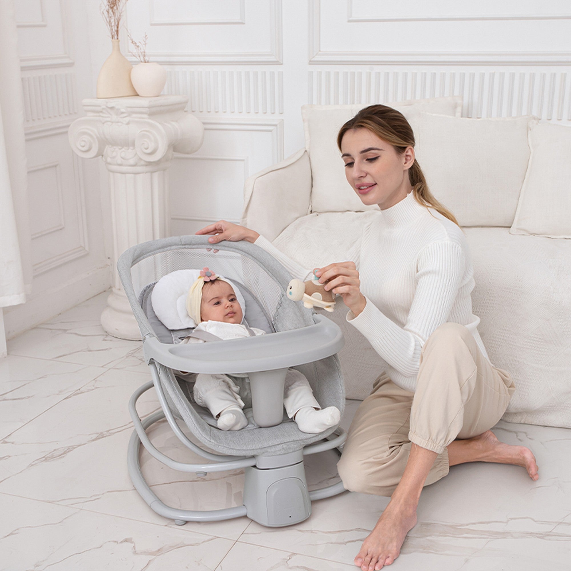 Mastela Grey Electric Baby Rocker and Bouncer with Music, Mosquito Net and Canopy for Infants