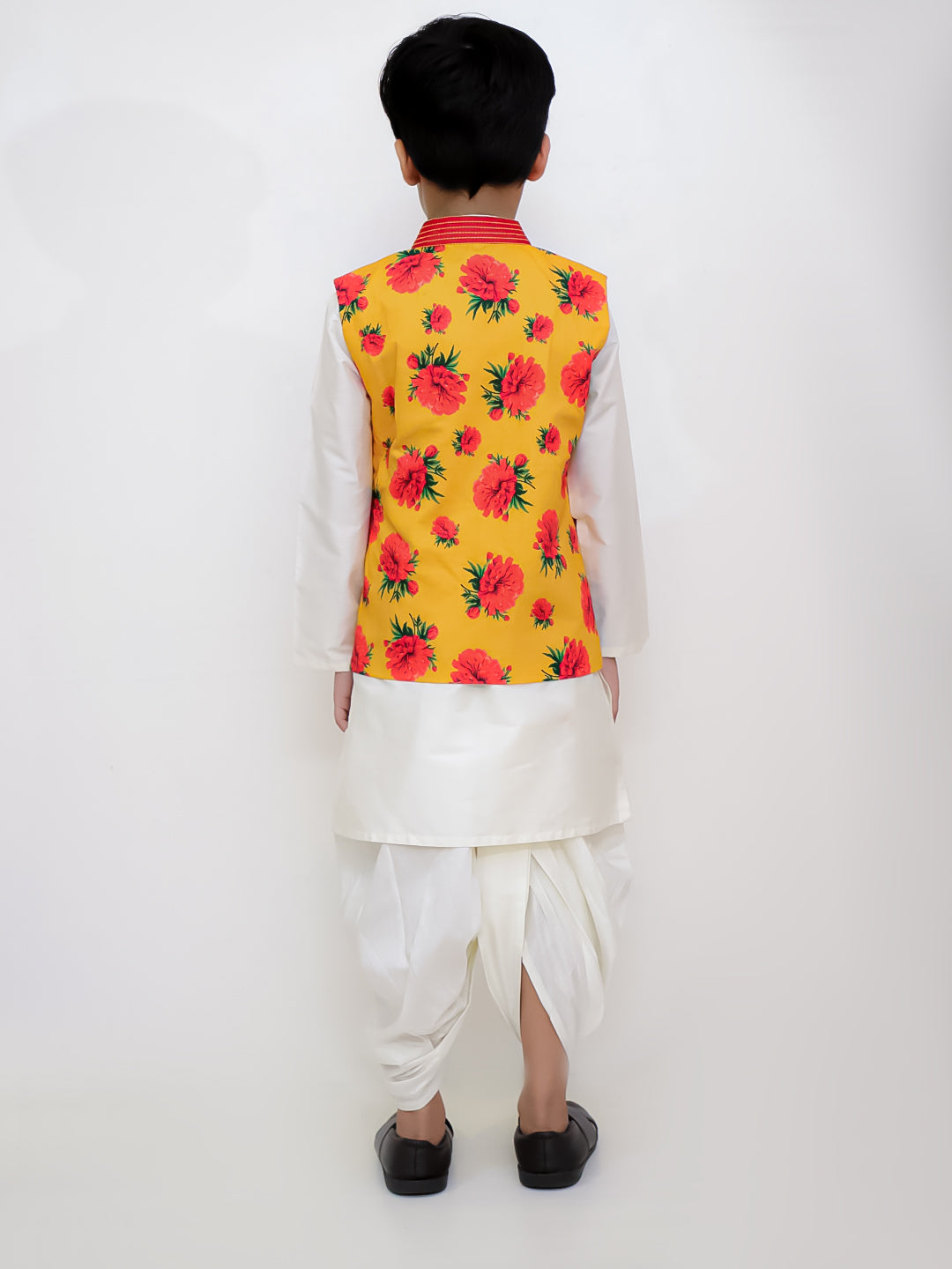 Lil Drama Boys Floral Print Jacket Kurta With Dhoti Pants Set, Yellow And White