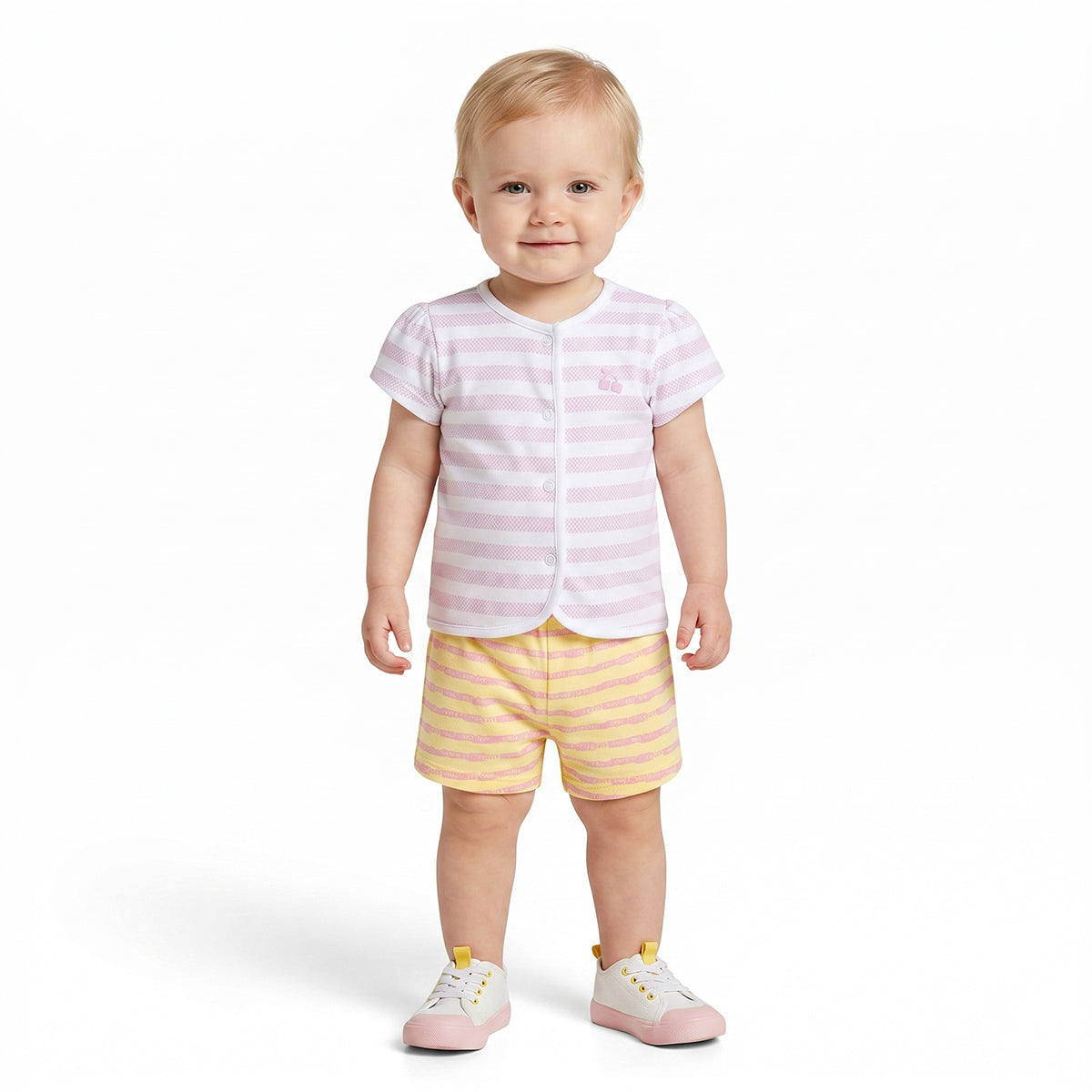 Baby Girls Duck Print and Striped Shorts Pack of 2, Green and Yellow