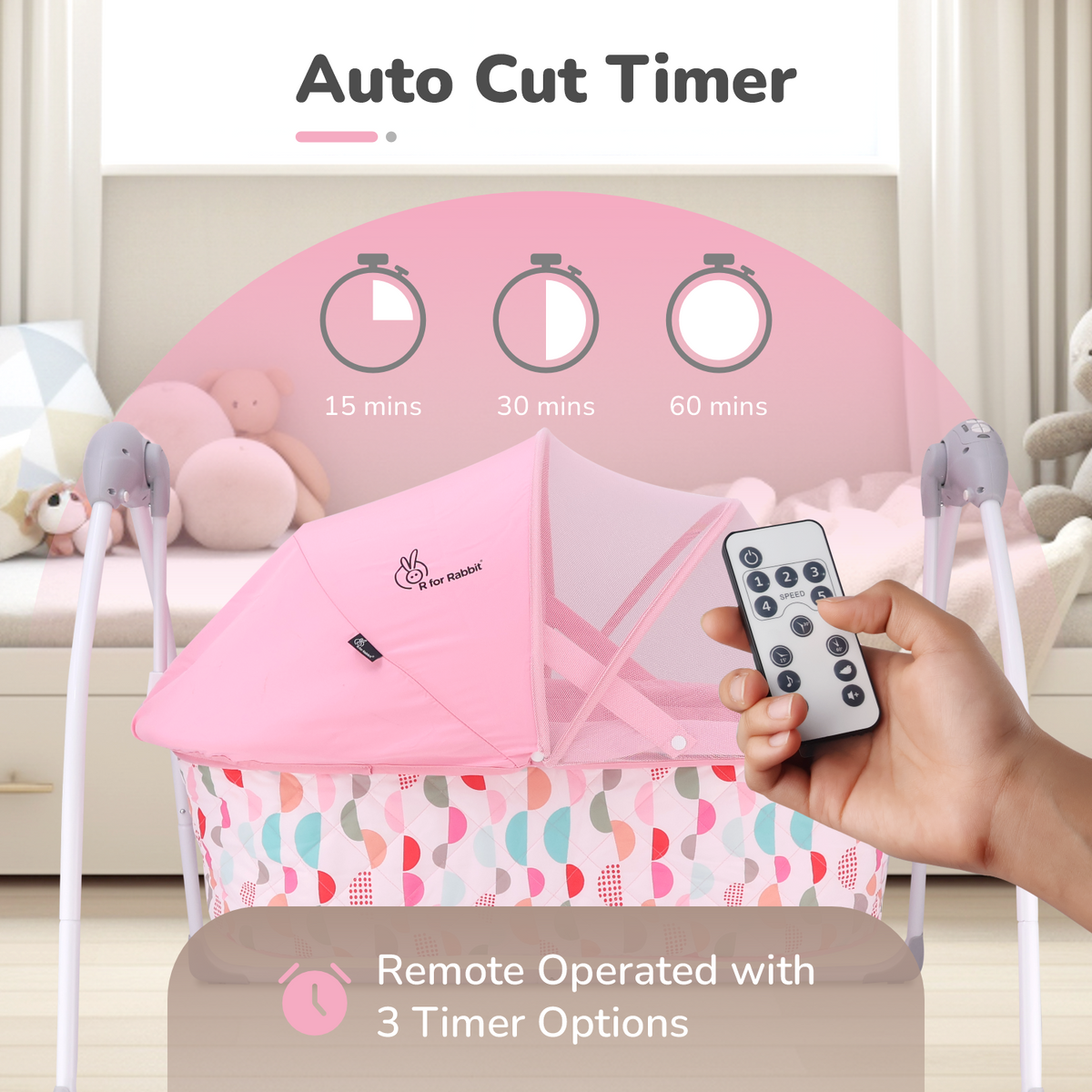 R for Rabbit Lullabies Auto Swing Baby Cradle Pink